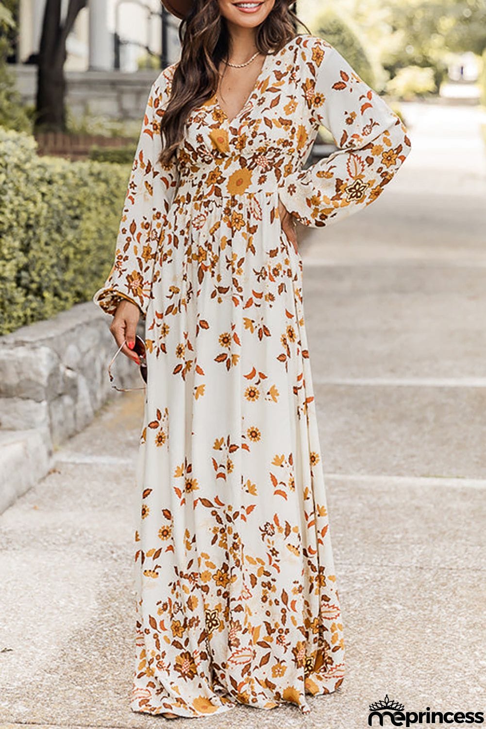Leaf Print V Neck Puff Sleeve Maxi Dress