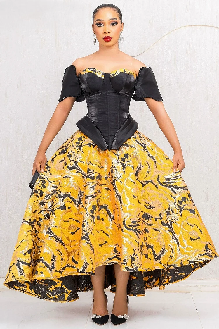 Off Shoulder Corset Patchwork Print Hem Party Maxi Dresses-Yellow [Pre Order]