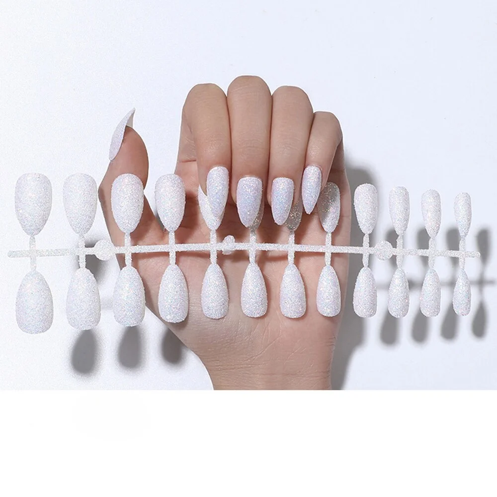 24Pcs Shiny Glitter Detachable False Nails Long Ballerina Pink Wearable Fake Nails Full Cover False Nail Tips with glue design