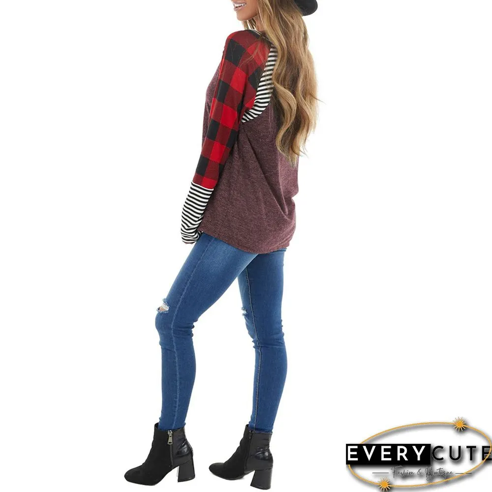 Wine Red Splice Plaid and Stripe Print Long Sleeve Tops