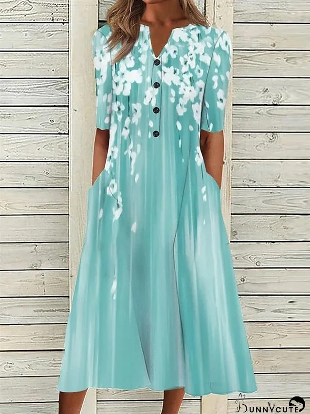 Casual Dress Summer Dress Print Dress Floral Ombre Button Pocket V Neck Midi Dress Fashion Modern Outdoor Street Short Sleeve Loose Fit Blue Green Summer Spring S M L XL XXL for Women