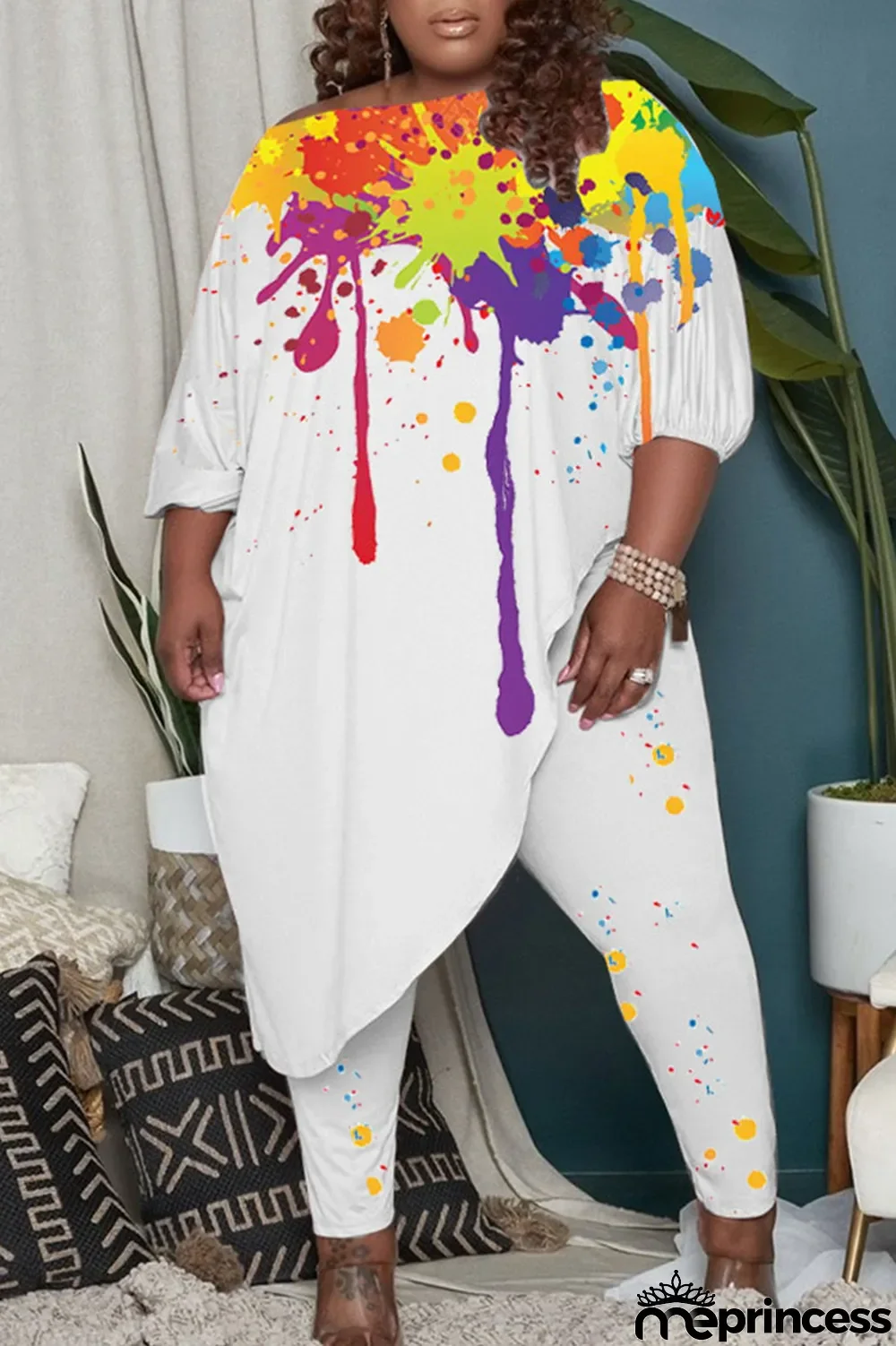 White Casual Print Patchwork Asymmetrical Off the Shoulder Plus Size Two Pieces