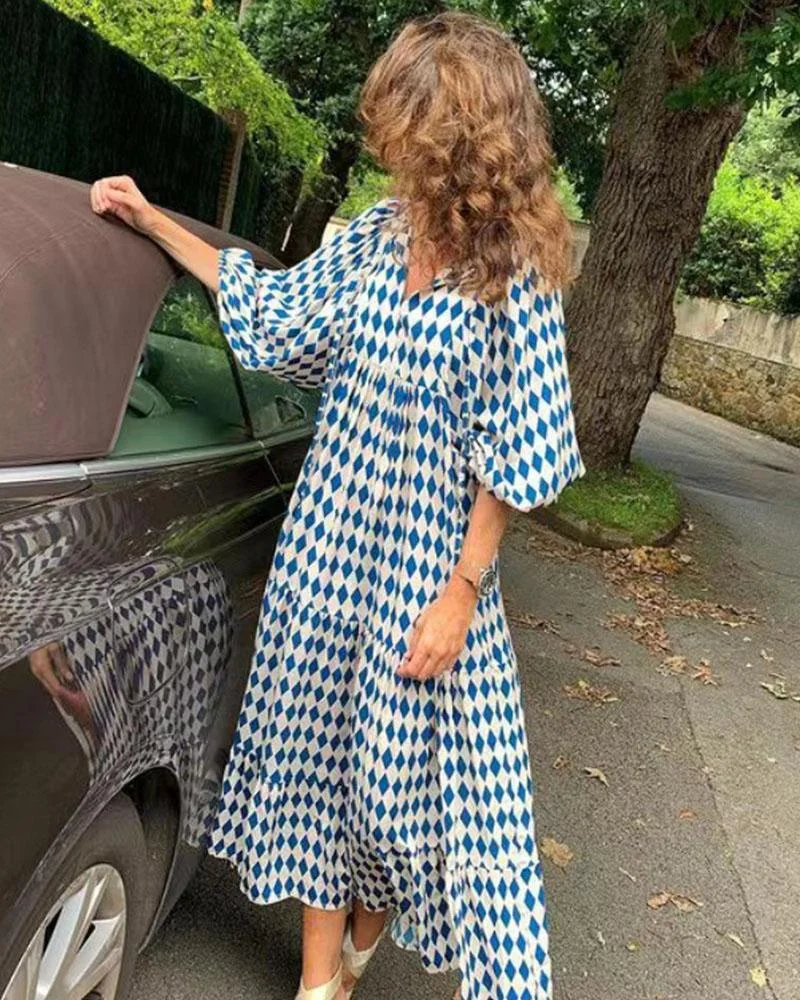 Geometric Collage Bubble Sleeve Dress