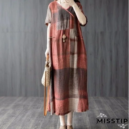 Summer New Literary and Artistic Fan Vintage Loose Plus-size Women's Cotton and Linen Panels Plaid Thin Dress