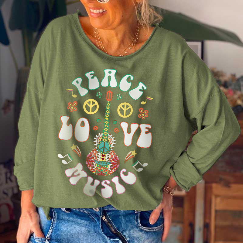 Peace Love Music Hippie Guitar Printed Crew Neck T-shirt