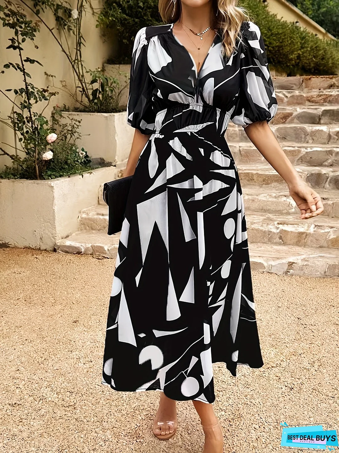 Floral Print V Neck Dress, Boho Short Sleeve Ruched Waist Dress For Spring & Summer, Women's Clothing