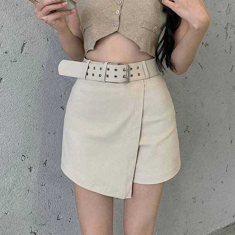 Zoki High Waist Summer Women Shorts Fashion Belt Irregular Korean Black Cotton Casual Office Ladies Designed Shorts New 2021