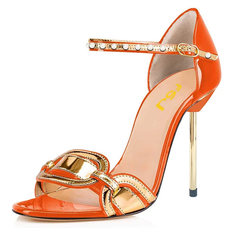 Orange and Gold Stiletto Heels Patent Leather Pearls Detailed Sandals |FSJ Shoes