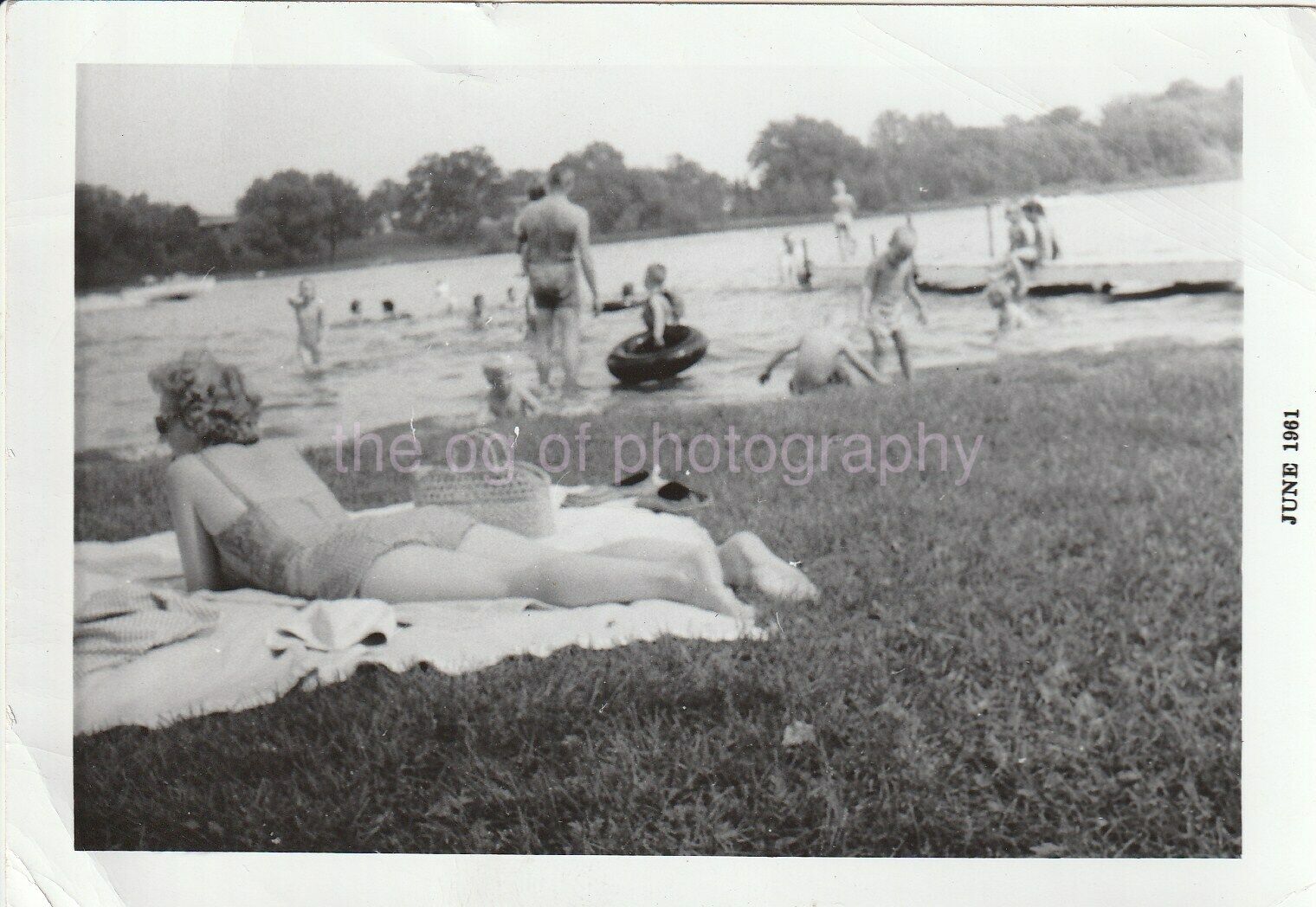 60s DAY AT THE LAKE Vintage FOUND Photo Poster painting bwOriginal Snapshot 94 15