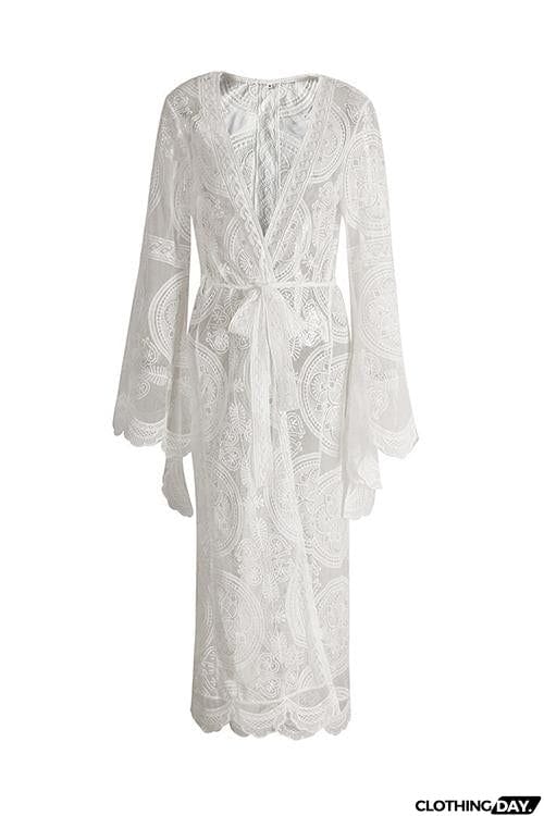 Flares Sleeve Lace Long Cover Up With Belted