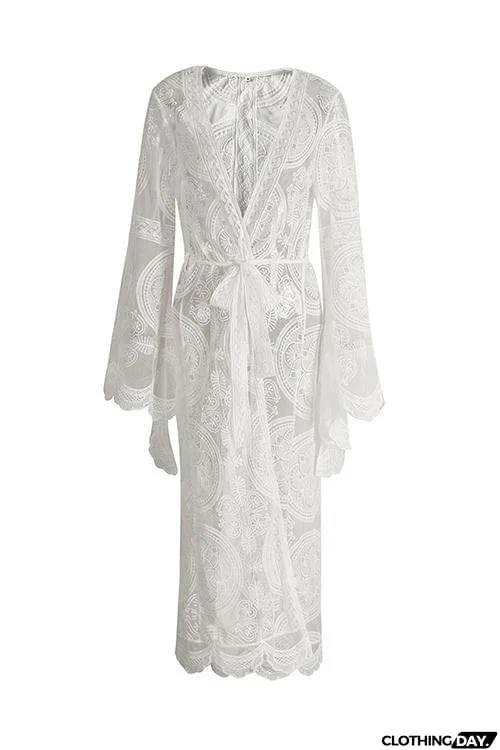 Flares Sleeve Lace Long Cover Up With Belted