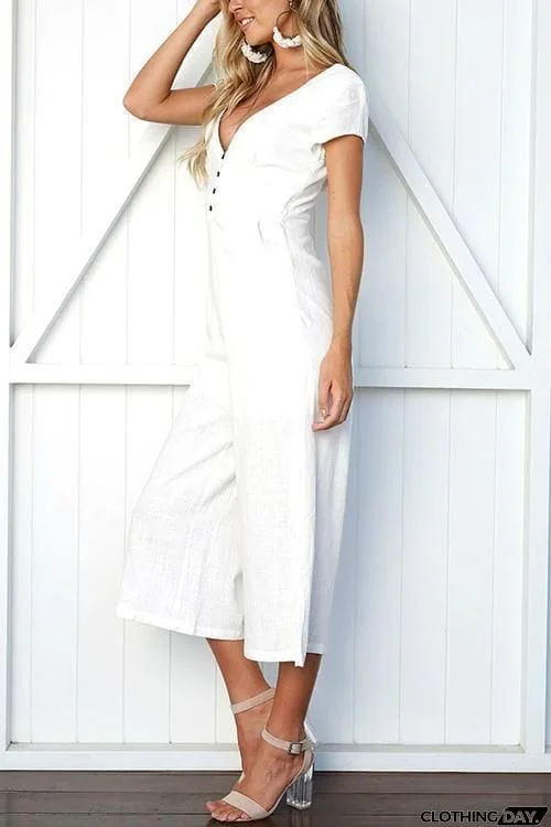 Button Pocket V Neck Jumpsuit