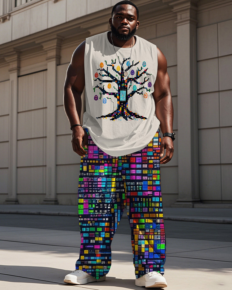 Men's Plus Size Easter Pixel Tree Of Life Egg Print Tank Trousers Suit