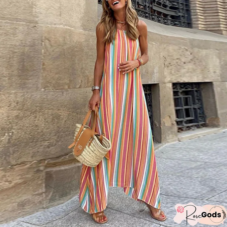 Elegant Casual O Neck Sling Party Dress Summer Striped Print Rainbow Colors Maxi Dress Women Sleeveless Hem Loose Beach Dresses