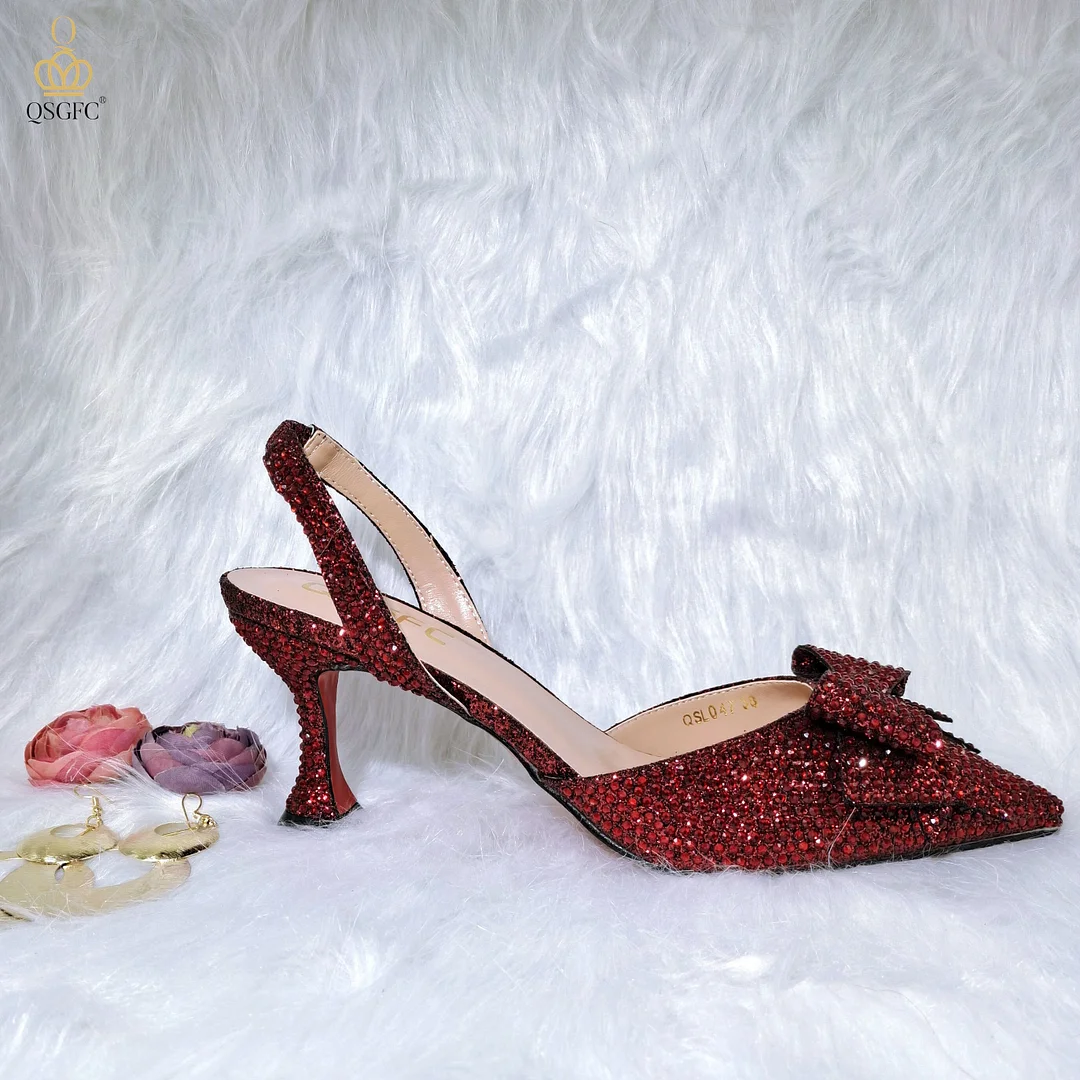 QSGFC Silver Nigerian Fashion Shaped High Heel Shoes Popular Design Pointed Ladies Shoes And Bags Wedding Party Shoes With Bag