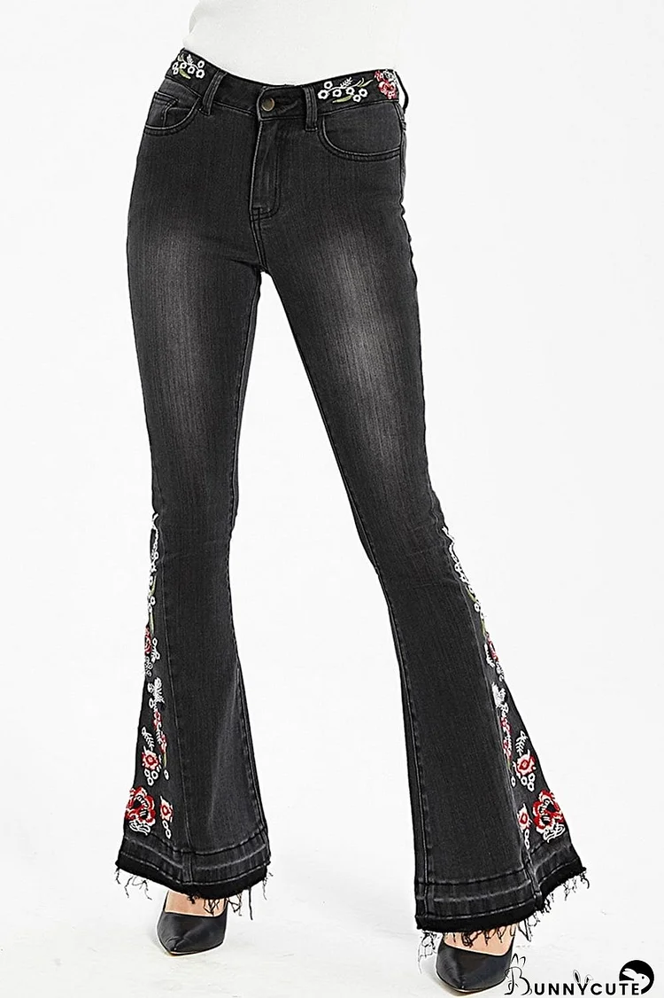 Full Size Raw Hem Flower Embroidery Jeans