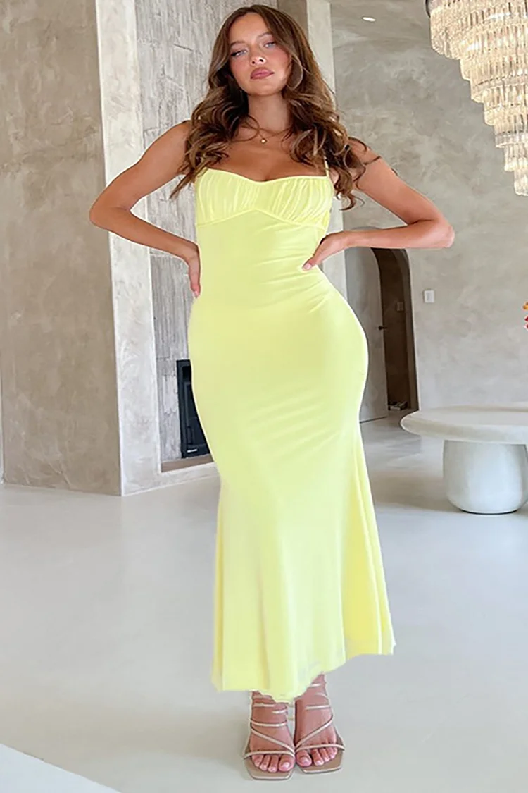 Cross Cami Boat Neck Backless Ruched Fishtail Bodycon Maxi Dresses