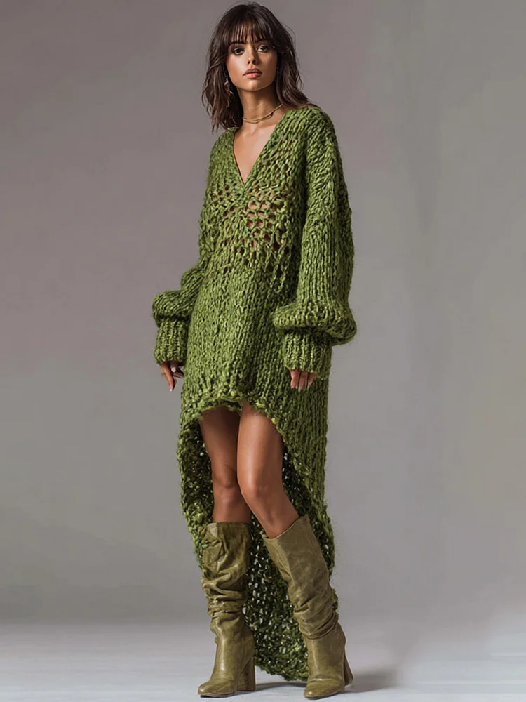 Ursime Party Army Green V Neck Long Sleeve Asymmetric Hem Western Rib Knit Mini Dresses [Pre-Order]