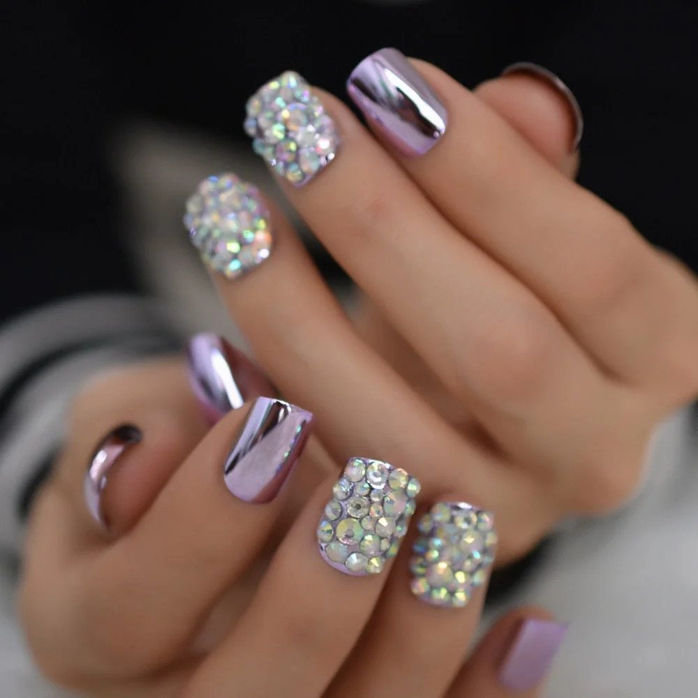 Strass Fake Nails Square Metallic Nail Art Tips Gun Dark Grey Mirror Nail Crystal Decorated Manicure Fingernails with Glue Tabs-Nail Inspo