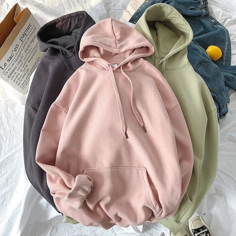 Women Solid Winter Hoodies 13 Colors Warm Oversized Plus Velet Woman Sweatshirts Harajuku Hooded Thicken Female Hoody Tops