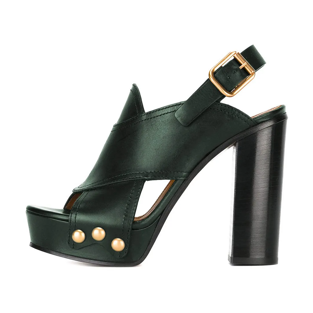 Green Studded Cutout Open Toe Block Heel Slingback Platform Sandals