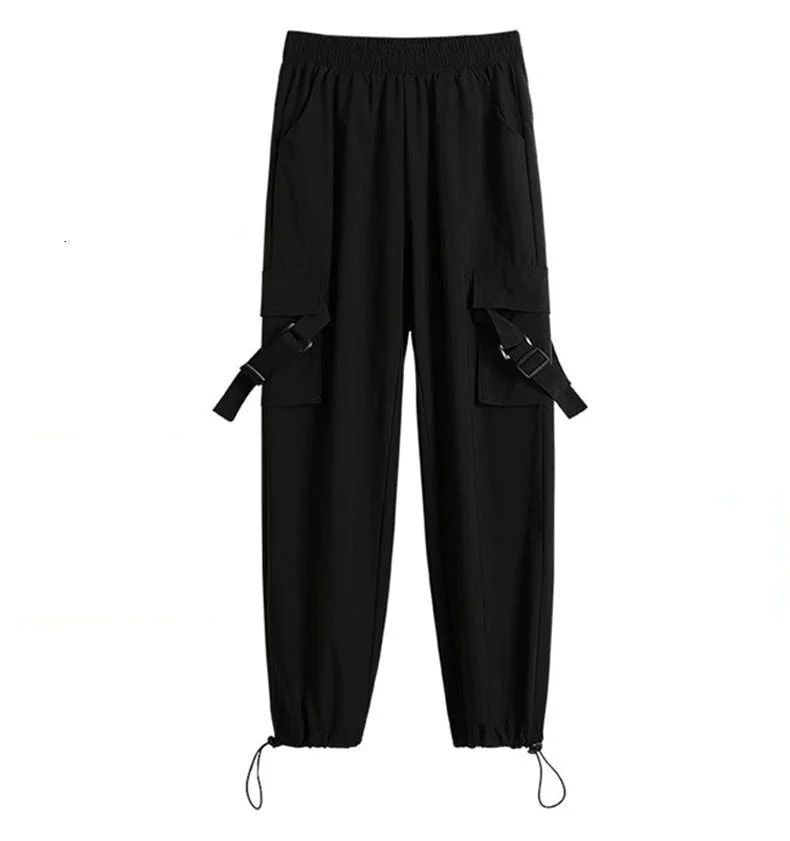 Women Elastic Waist Loose Cargo Pants Hip Hop Streetwear Cargo Black Casual Punk Harem Pants with Pockets