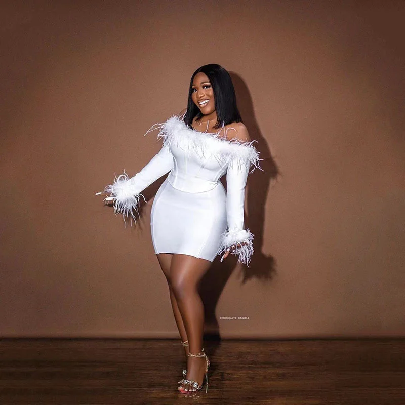 Uveng Uveng Dress 2025 New Shoulder Long-Sleeved Feather Dress For Exclusive