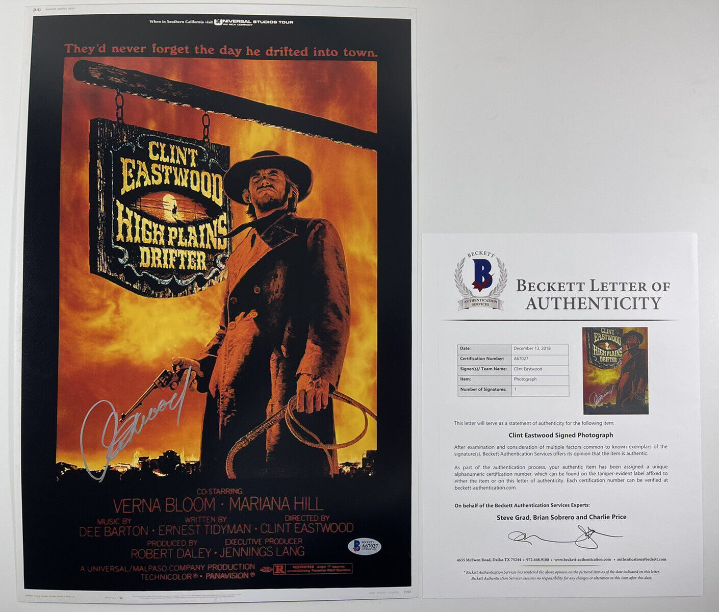 CLINT EASTWOOD SIGNED HIGH PLAINS DRIFTER 12x18 Photo Poster painting POSTER BAS LOA #A67027