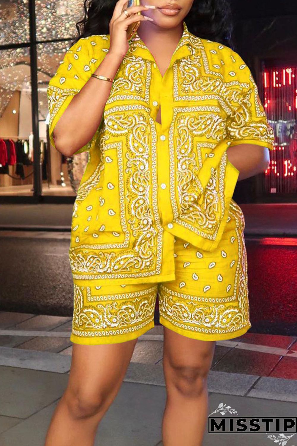 Yellow Casual Print Patchwork Buckle Turndown Collar Short Sleeve Two Pieces