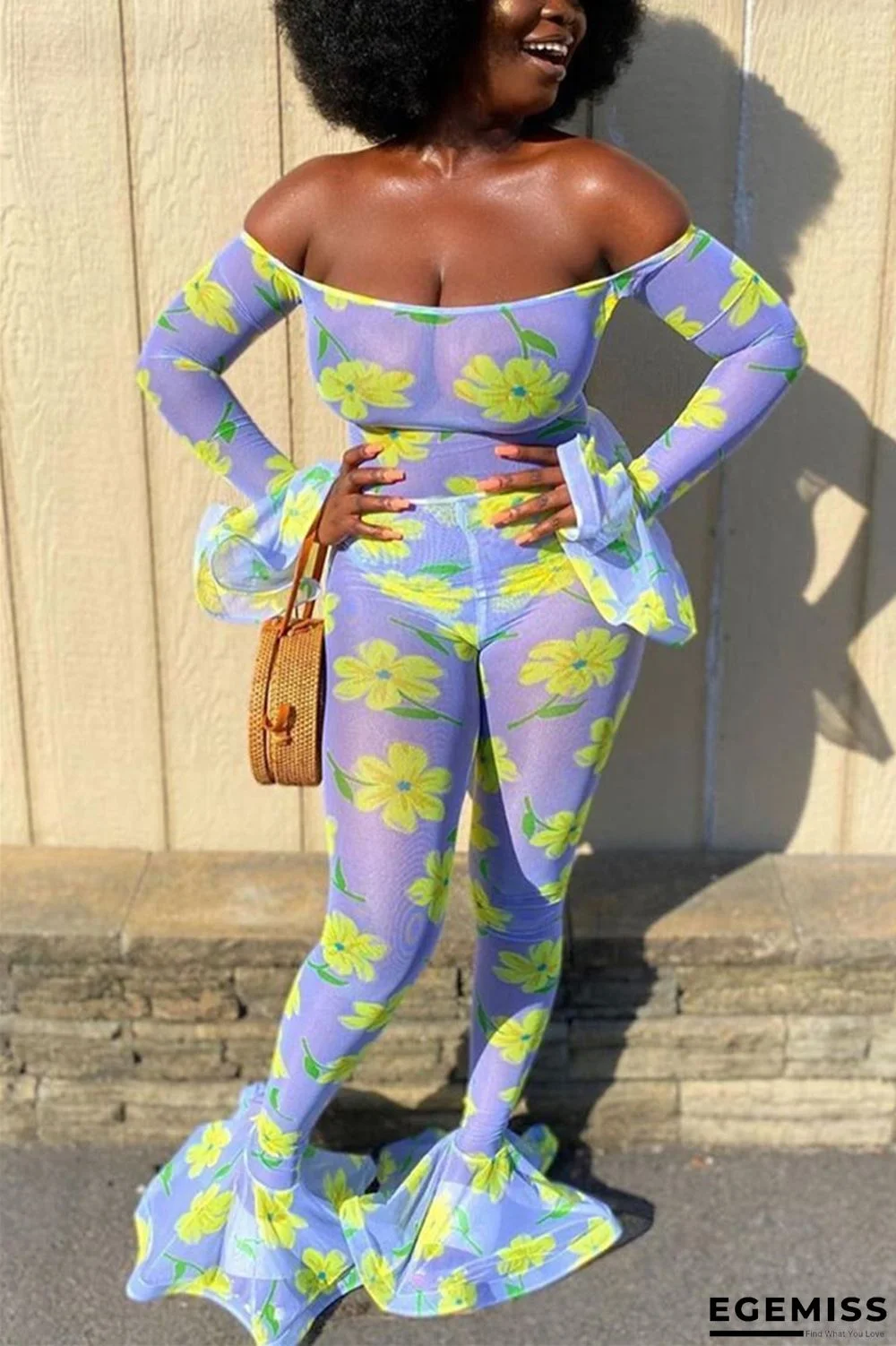 Blue Sexy Long Sleeve Bateau Neck Flare Sleeve Regular Print Two Pieces | EGEMISS