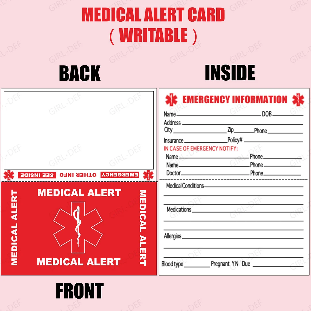 Medical & Allergy custom design self defense keychain safety kit with Medical alert cards, Medical condition cards, Meditags and MediPins