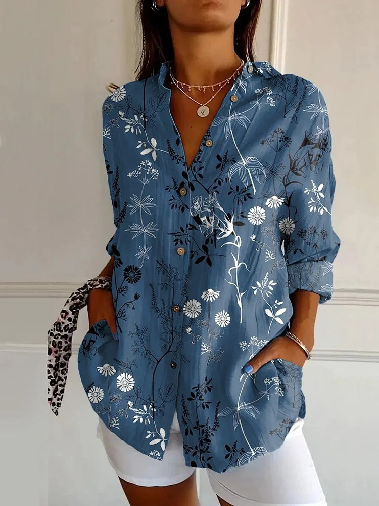 Women's Vintage Floral Art Print Casual Long-sleeved Shirt