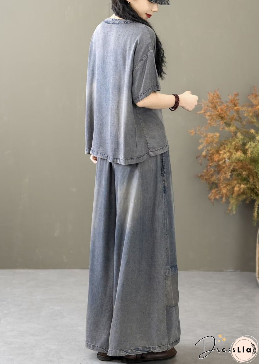 New Blue Pockets T Shirt And Wide Leg Pants Denim Two Pieces Set Summer