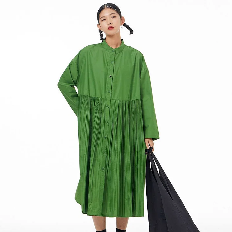 Casual Loose Solid Color Lapel Splicing Pleated Hem Long Sleeve Shirt Dress