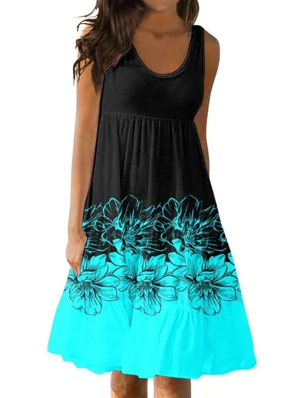 Women's Casual U-neck Sleeveless Printed Loose Patchwork Dress