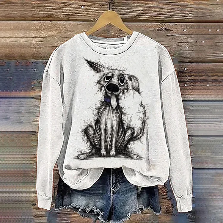 VChics Women's Messy Fluffy Choker Dog Print Casual Sweatshirt