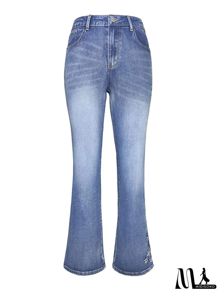 MidiSono - Women's Vintage Floral Embroidery Slim Fit Micro Flared Jeans
