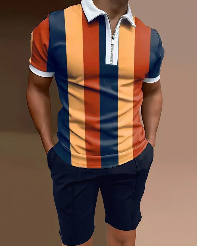 Men's polo shirt casual striped two piece set
