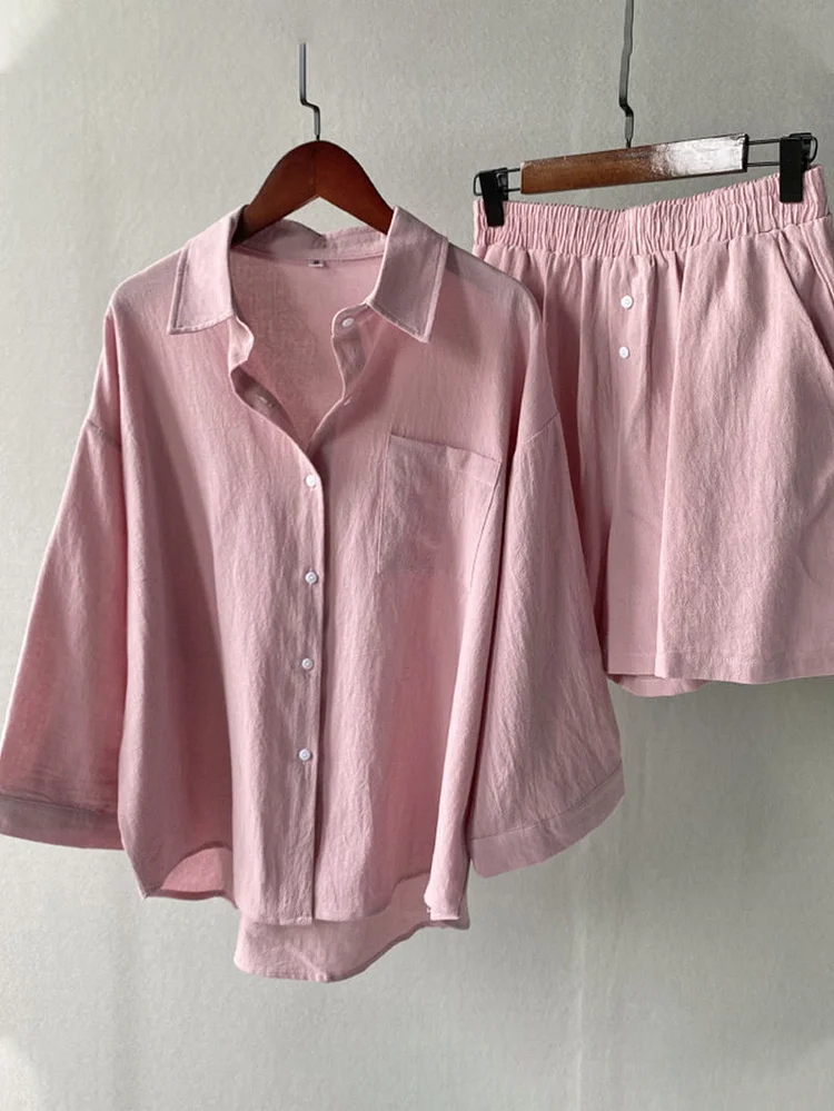 Solid Color Shirt Shorts 2-Piece Sets