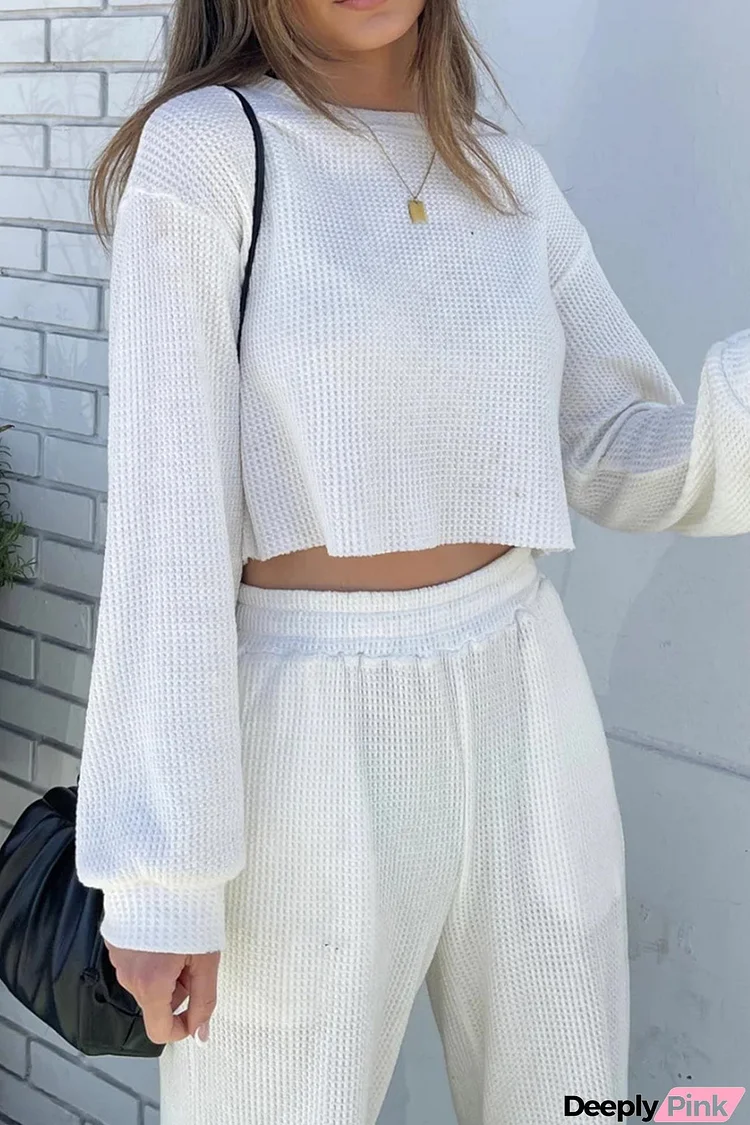 Waffle Solid Sweatshirt Long Pants Set