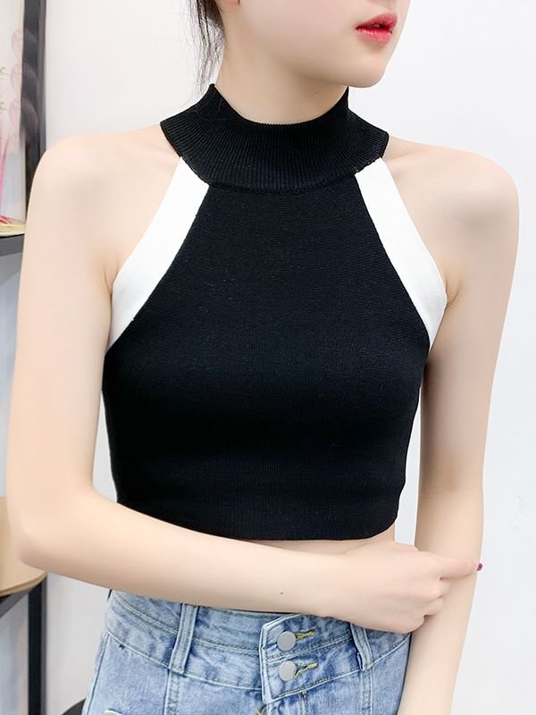 Heliar Women Y2K Round Neck Patchwork Cute Off Shoulder Cropped Tops Knitted Tank Tops Crop Tops Women 2022 Summer - Life is Beautiful for You - SheChoic