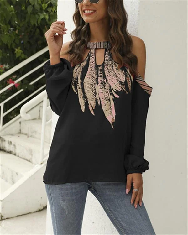 Women's Leisure Long Sleeve Printed Off-Shoulder Chiffon Shirt