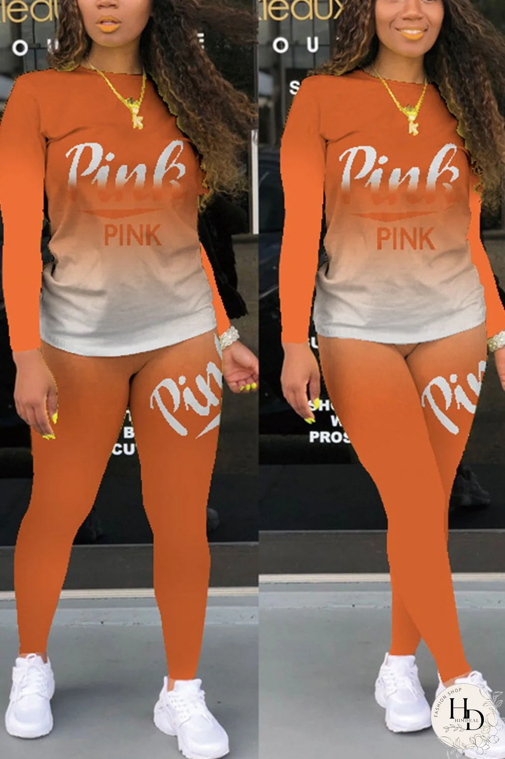 Red Casual Print Letter O Neck Long Sleeve Two Pieces