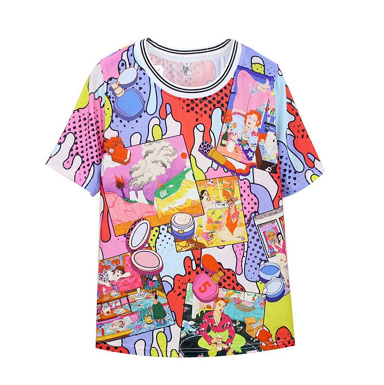 Colorblock Makeup Girl Print Round Collar Mesh T-Shirt - Modakawa modakawa