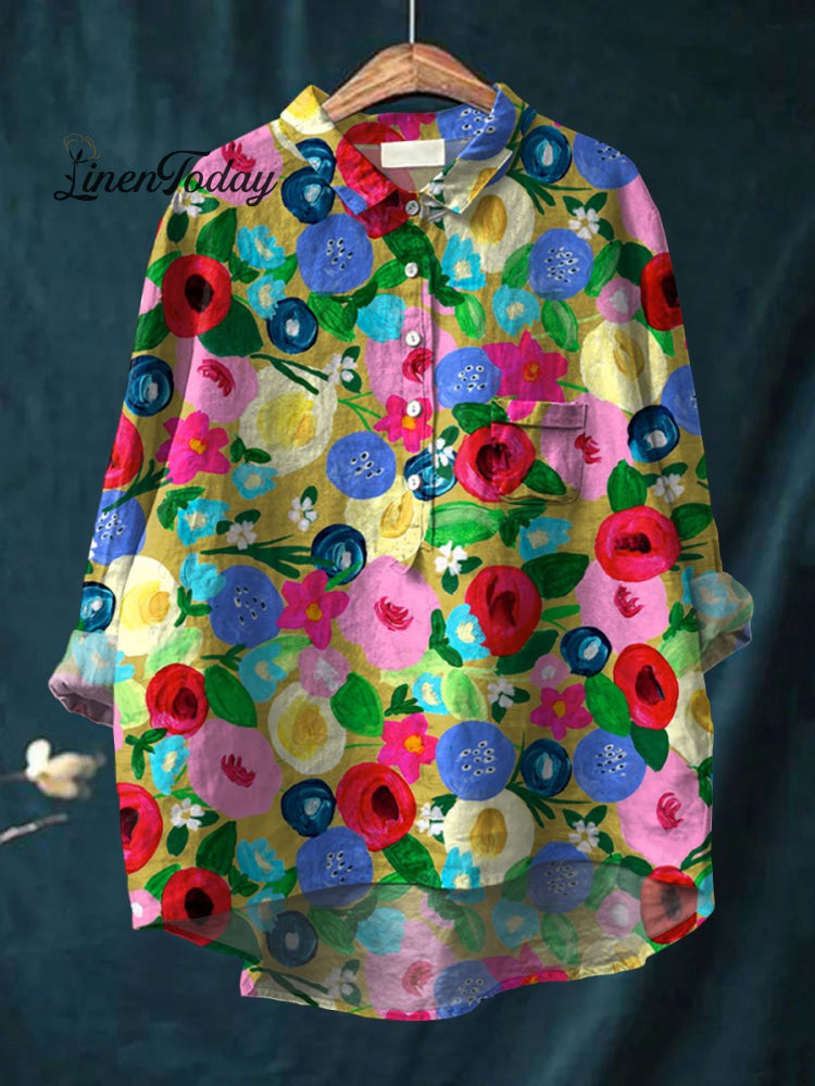 Women’s Flower Art Print Casual Cotton And Linen Shirt Multicolor / S