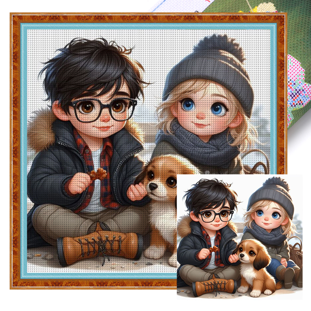 Puppy And Boy And Girl Full 11CT Pre-stamped Canvas(40*40cm) Cross Stitch