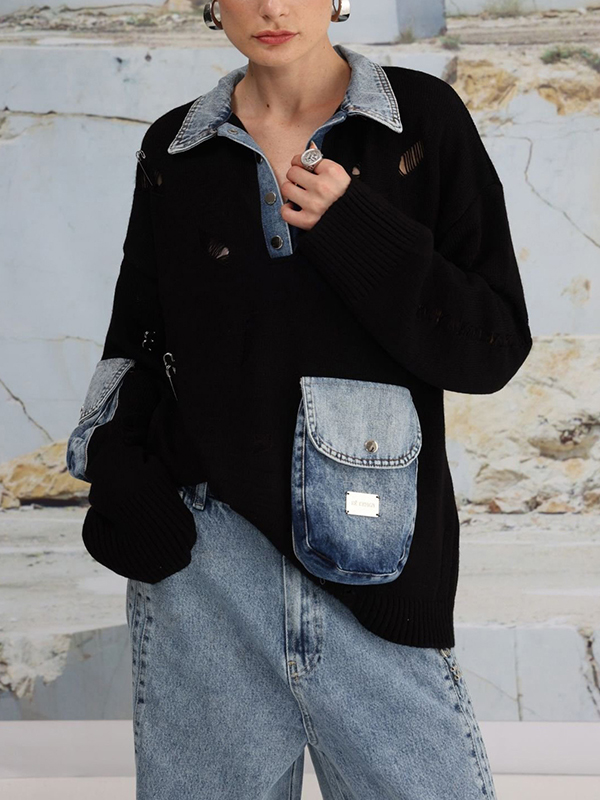 Artistic Denim Patchwork Knitwear Long Sleeve Blouses