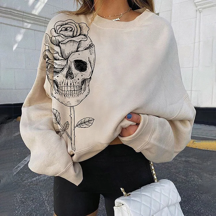 Skull Rose Print Crew Neck Casual Sweatshirt
