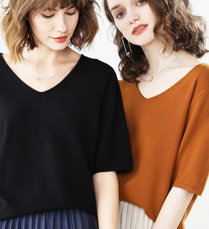 Women Sweater 2020 New Female V-neck Short-sleeved Knitted Pullover Jumper Pull Femme Clothes Loose Designer Fashion