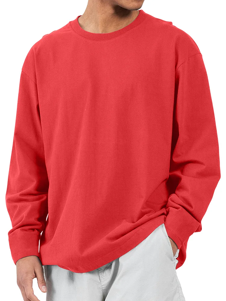 Men's 100% Cotton Casual Solid Color Long-Sleeved Round Neck T-Shirt